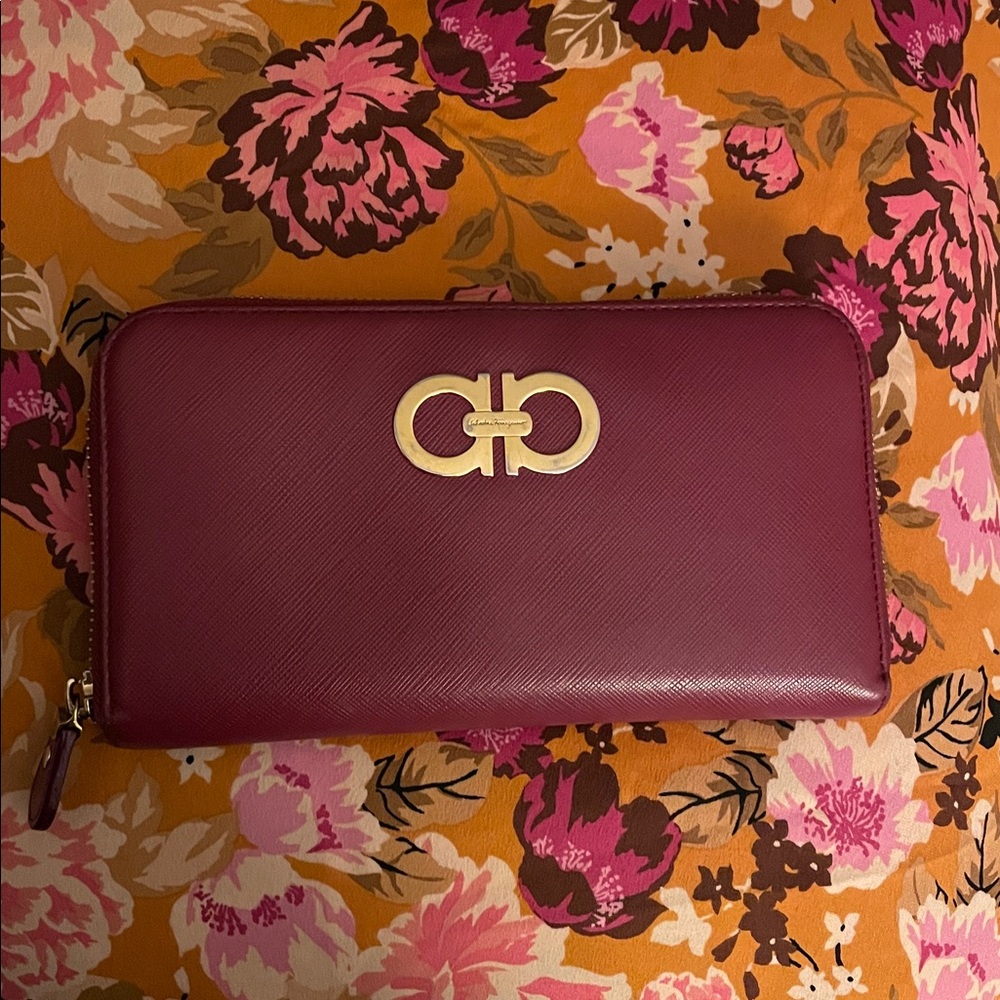 Salvatore Ferragamo Deep Pink Saffiano Zip-Around Wallet with Gold Gancini